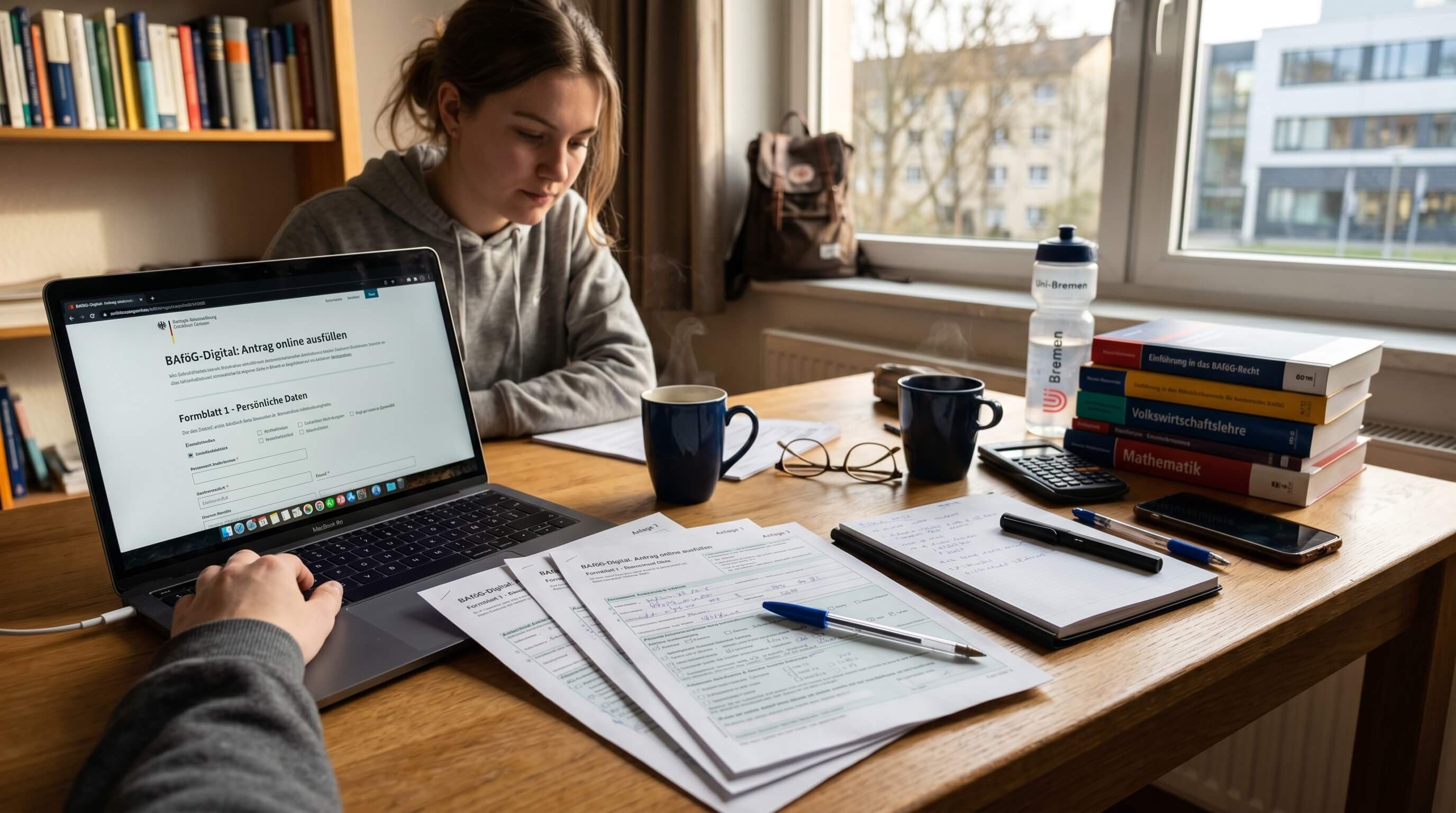 Studentenschreibtisch mit BAföG-Antragsformularen, Laptop mit Online-Portal und Büchern