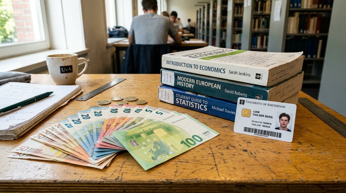 Studierende an Universität mit Notizbuch und Geldmünzen