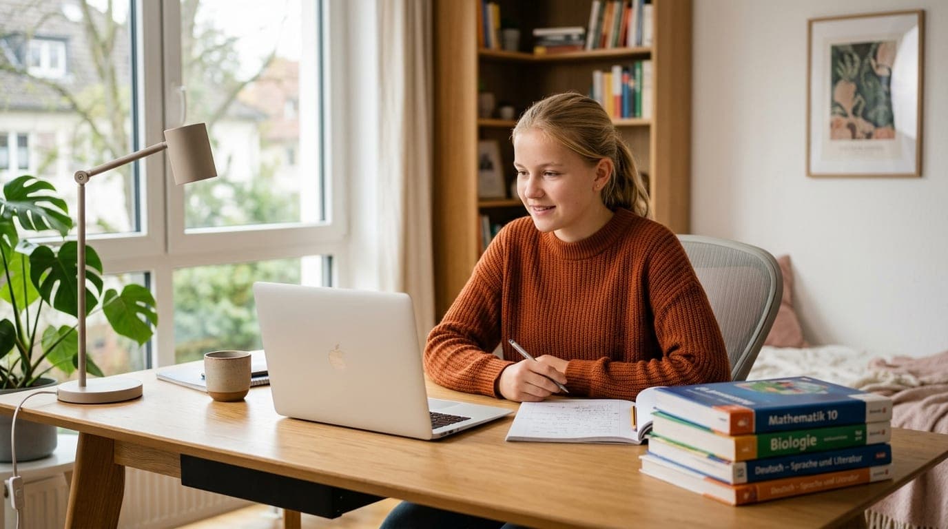 Schülerin mit Schulbüchern und Laptop am Schreibtisch