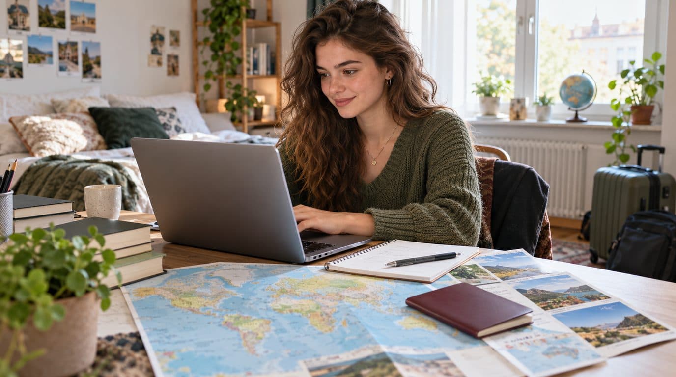 Studentin mit Laptop und Reiseunterlagen beim Ausfüllen des BAföG-Formblatts 6 für ein Auslandssemester