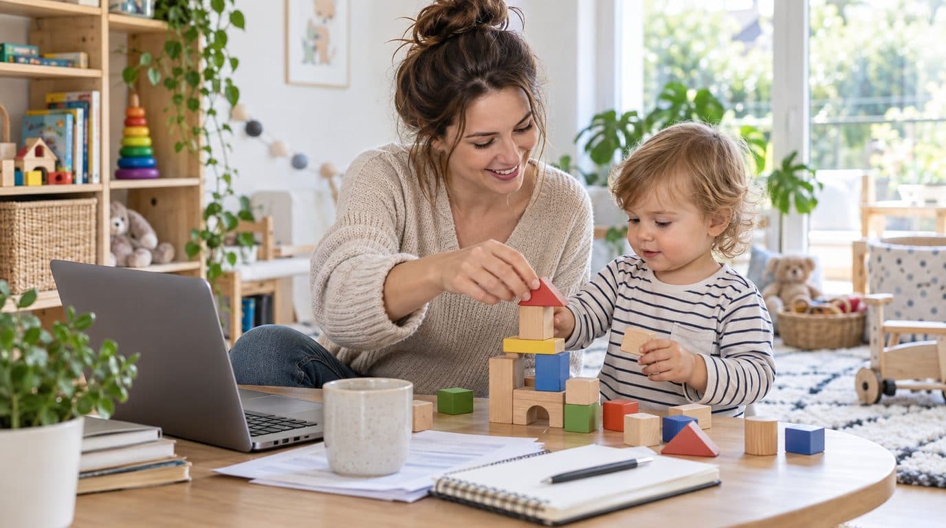 Studierende Mutter ordnet BAföG-Unterlagen neben ihrem spielenden Kind