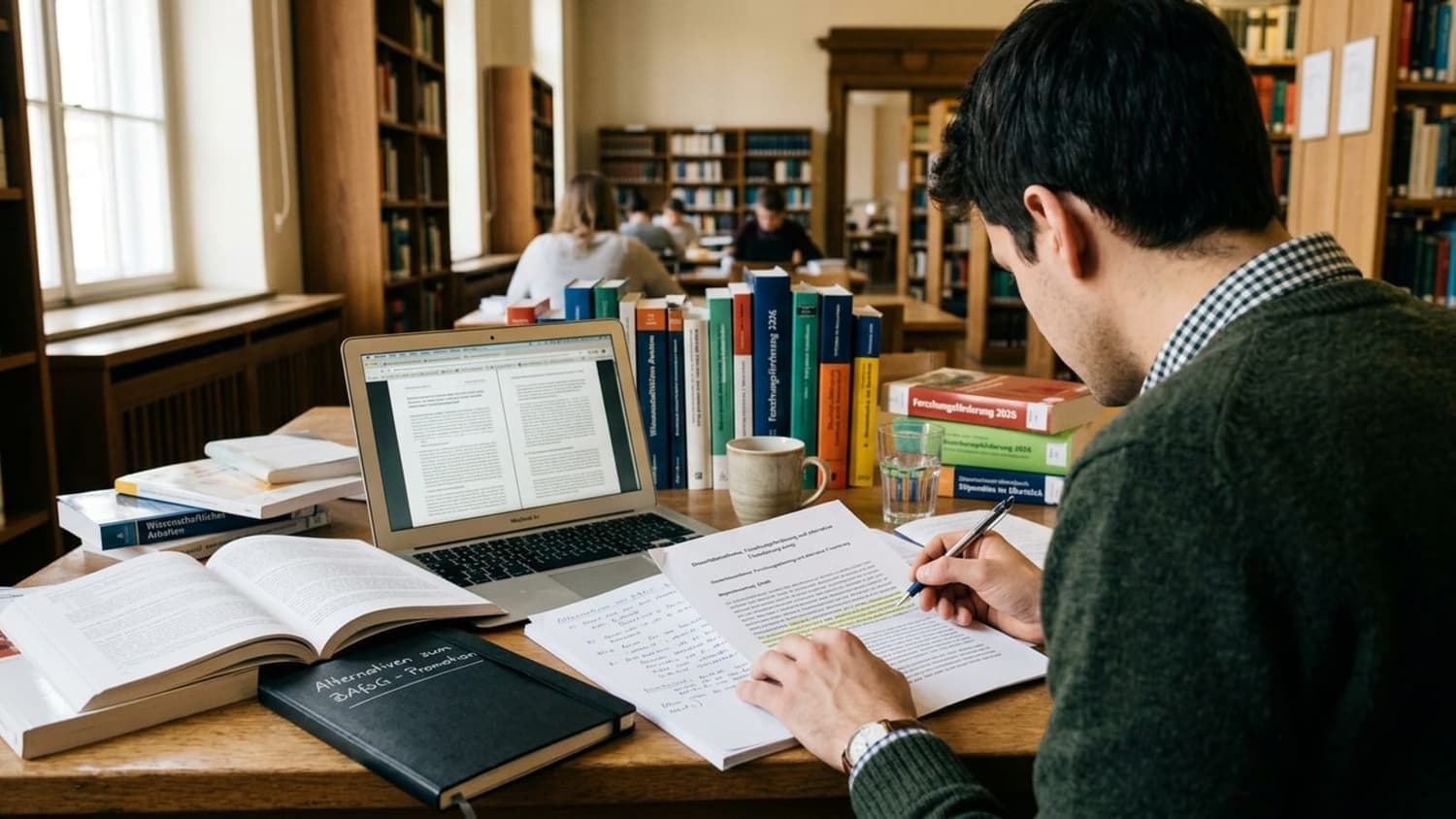 Promotion-Förderung Alternativen zum BAföG — Doktorand mit Forschungsunterlagen am Universitäts-Schreibtisch