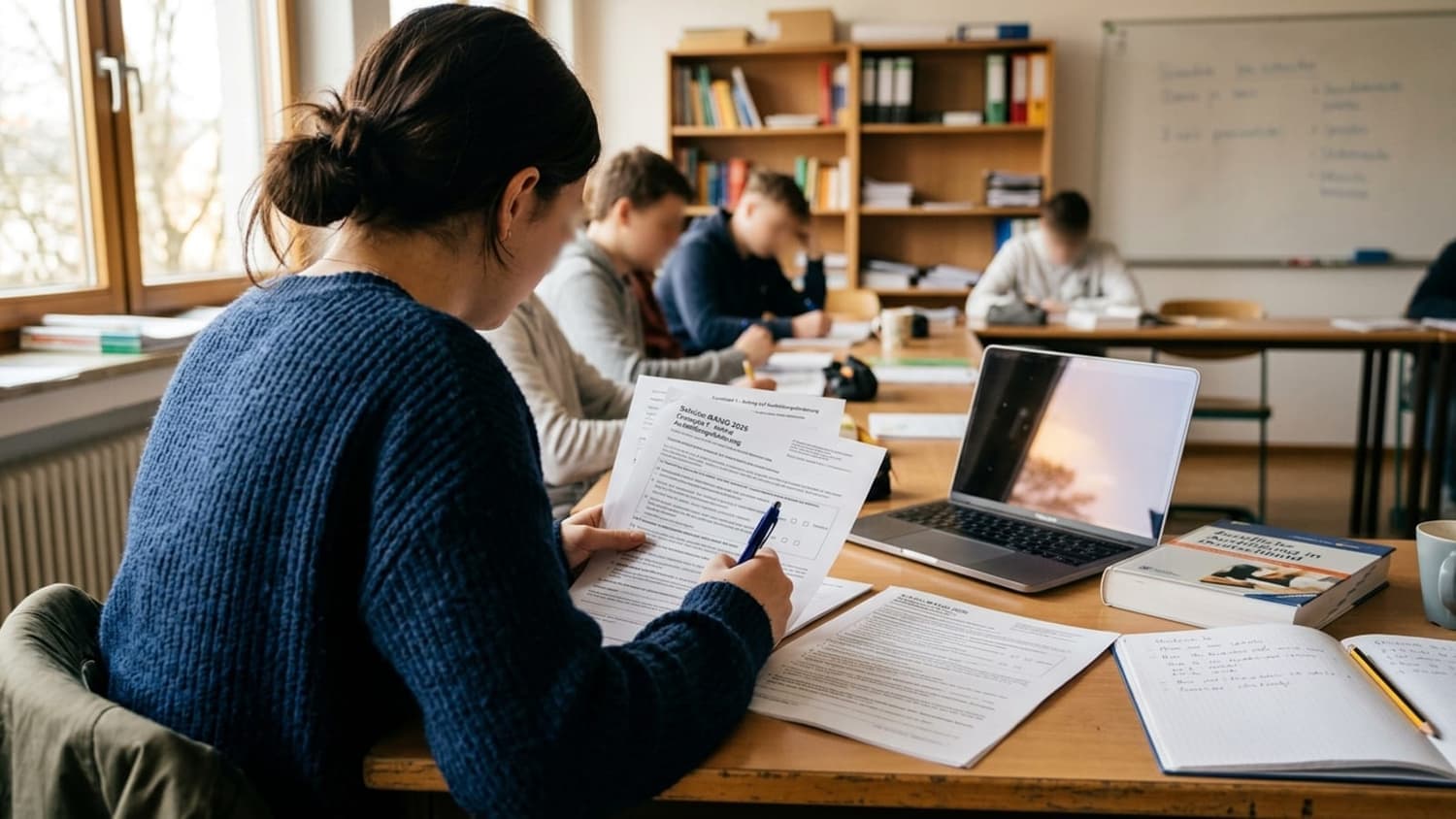 Schüler-BAföG 2026 Update — Berufsfachschüler in Klassenraum mit Antragsformular auf Tisch