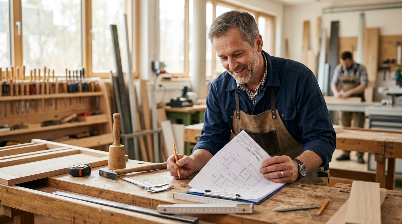 Handwerksmeister mit Werkzeug und Unterlagen — Meister-BAföG beantragen